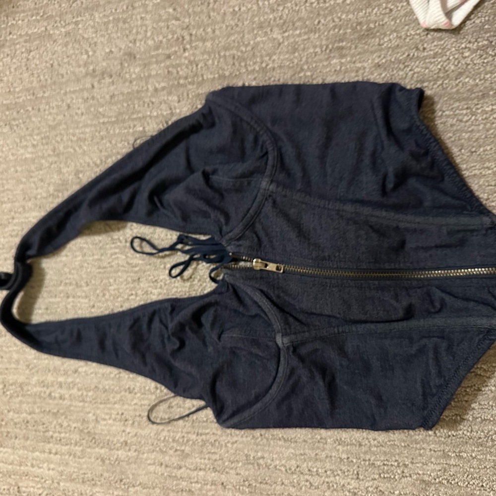 Navy Blue Zip-Up Halter Top